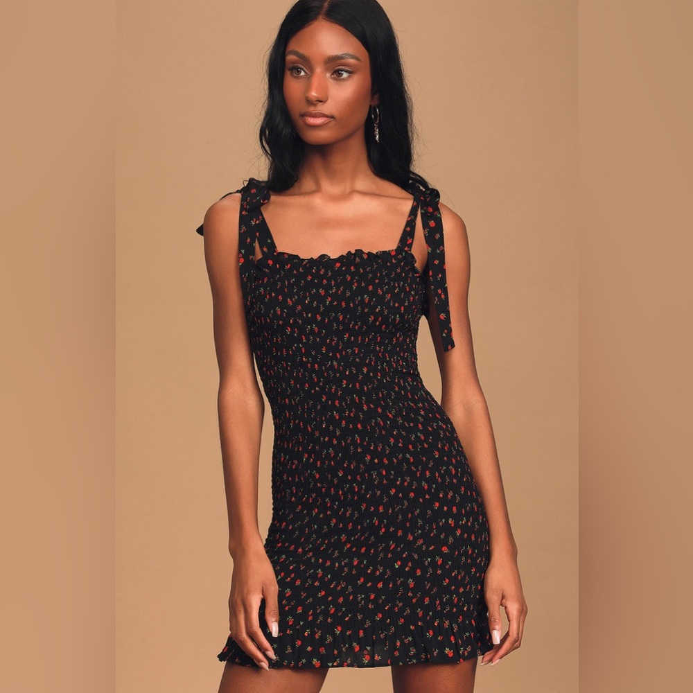 Free People Bella Black Floral Print Smocked Tie- Strap Bodycon Mini Dress